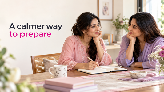 Two South Asian women discussing a personal wellness checklist before marriage.