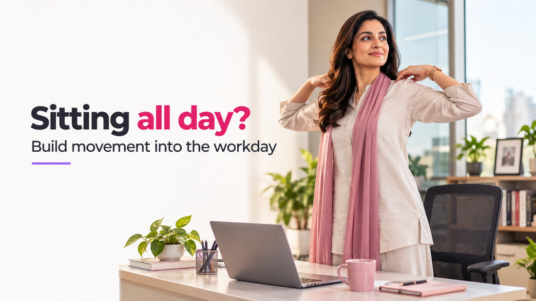 Pakistani professional taking a short movement break beside her desk
