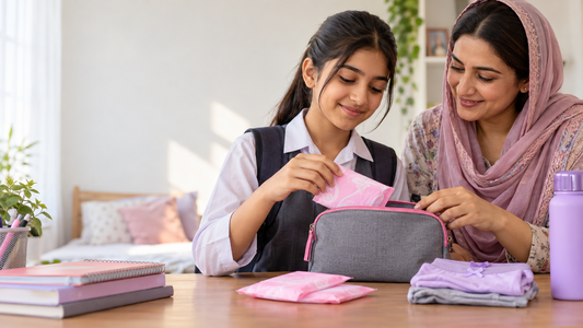 South Asian caregiver helping a girl prepare a small period pouch for school.