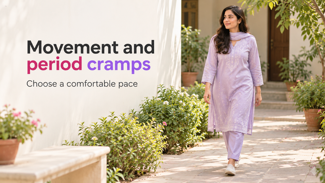 South Asian woman walking at an easy pace in a shaded courtyard, illustrating gentle movement during periods.