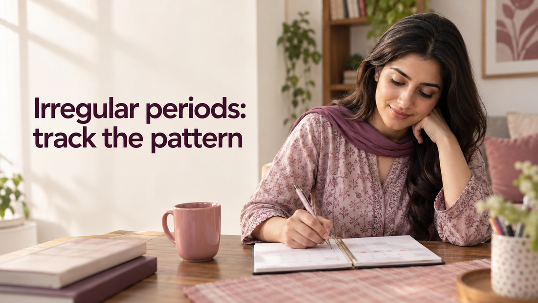 Pakistani woman tracking menstrual-cycle dates in a notebook at home.