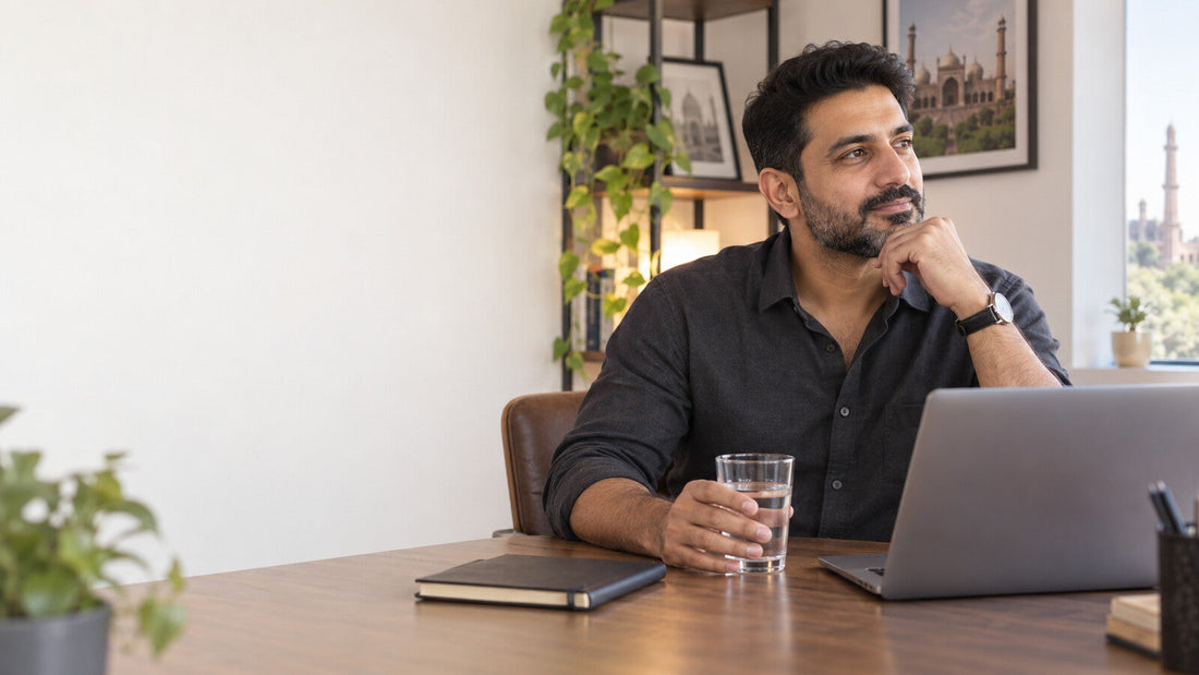 Pakistani professional taking a quiet pause after work while considering persistent changes in energy and wellbeing.