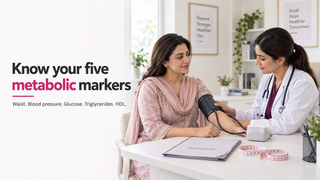 Pakistani woman having her blood pressure checked while discussing five metabolic syndrome markers with a clinician