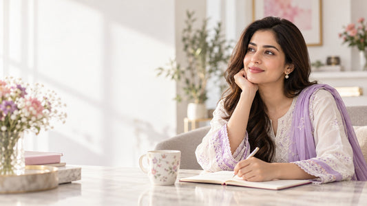 South Asian woman considering PCOS symptoms without focusing on body weight.
