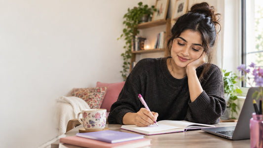 South Asian woman recording premenstrual symptoms in a notebook at home.