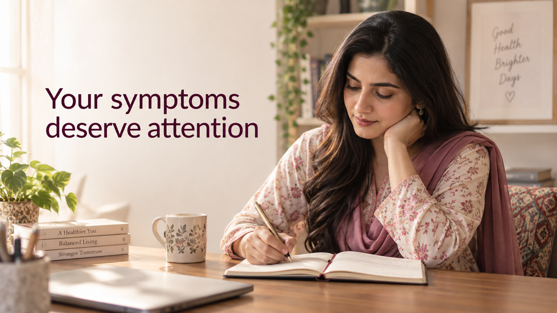 Pakistani woman recording recurring health symptoms in a journal at home
