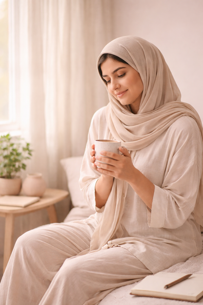 Pakistani woman focusing on hormonal balance wellness routine for periods PCOS and women’s reproductive health supported by FemFit FemCore