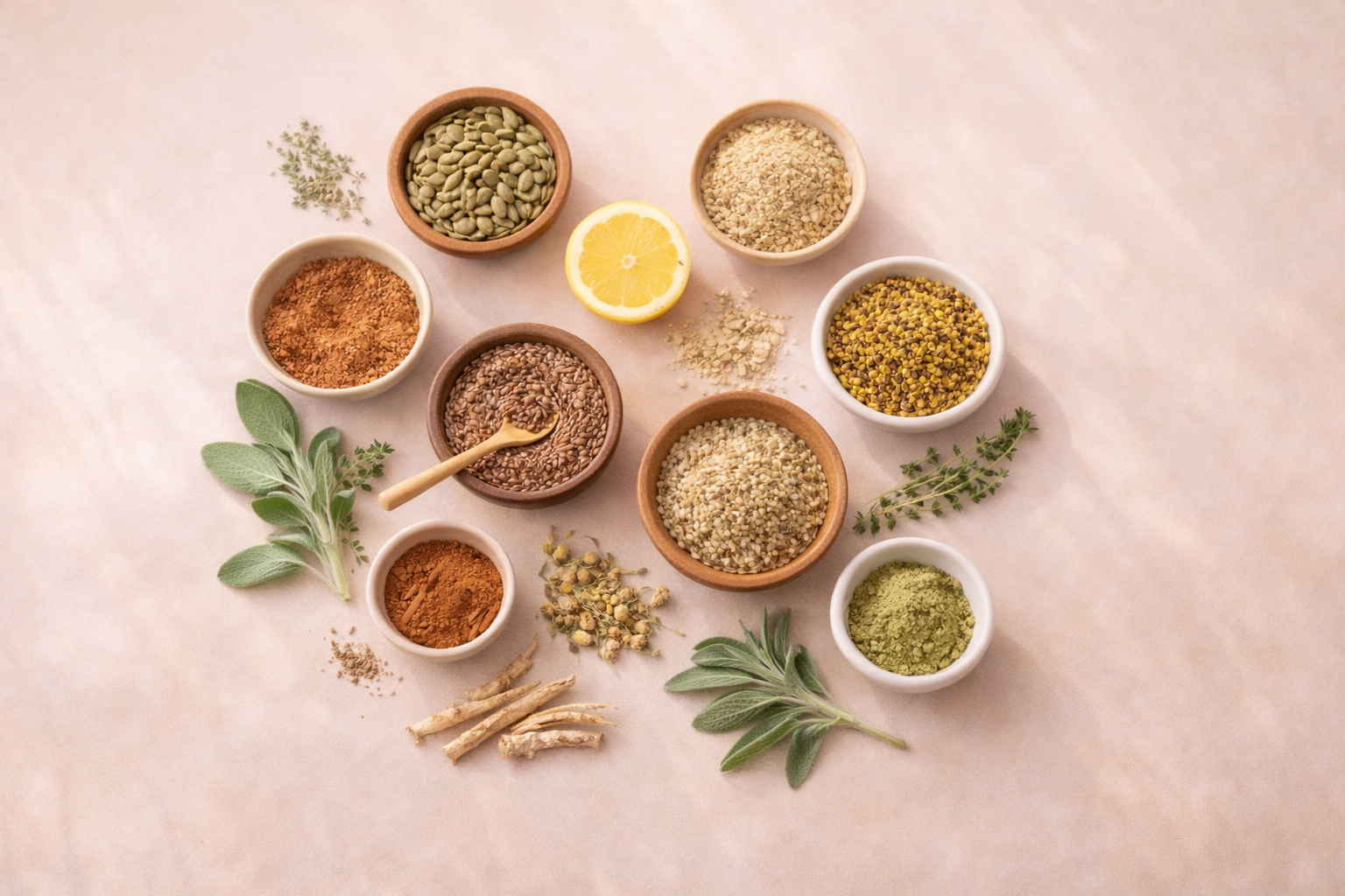 Assorted spices and herbs in small bowls on a light pink background