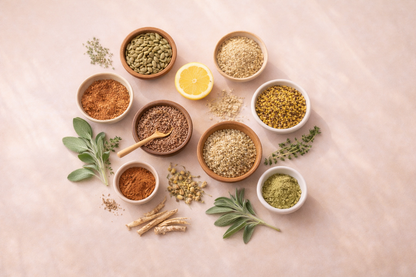 Assorted spices and herbs in small bowls on a light pink background