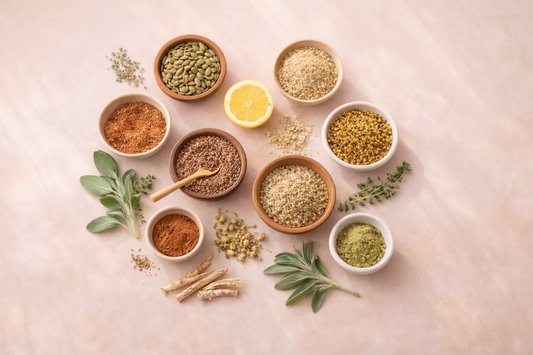 Assorted spices and herbs in small bowls on a light pink background