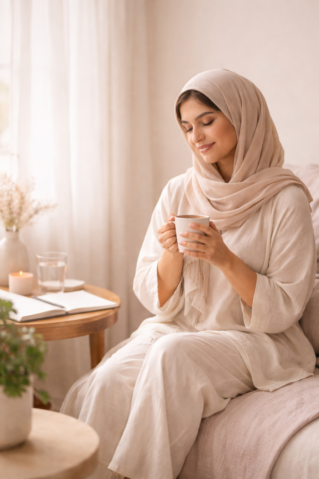 Lifestyle image of a Pakistani woman in a calm indoor setting, representing a holistic women’s wellness routine for hormonal balance, periods, and PCOS support.
